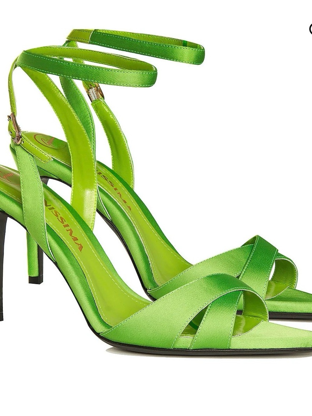 Ginissima Lime Green Satin Pointed-Toe Ankle-Strap Heels